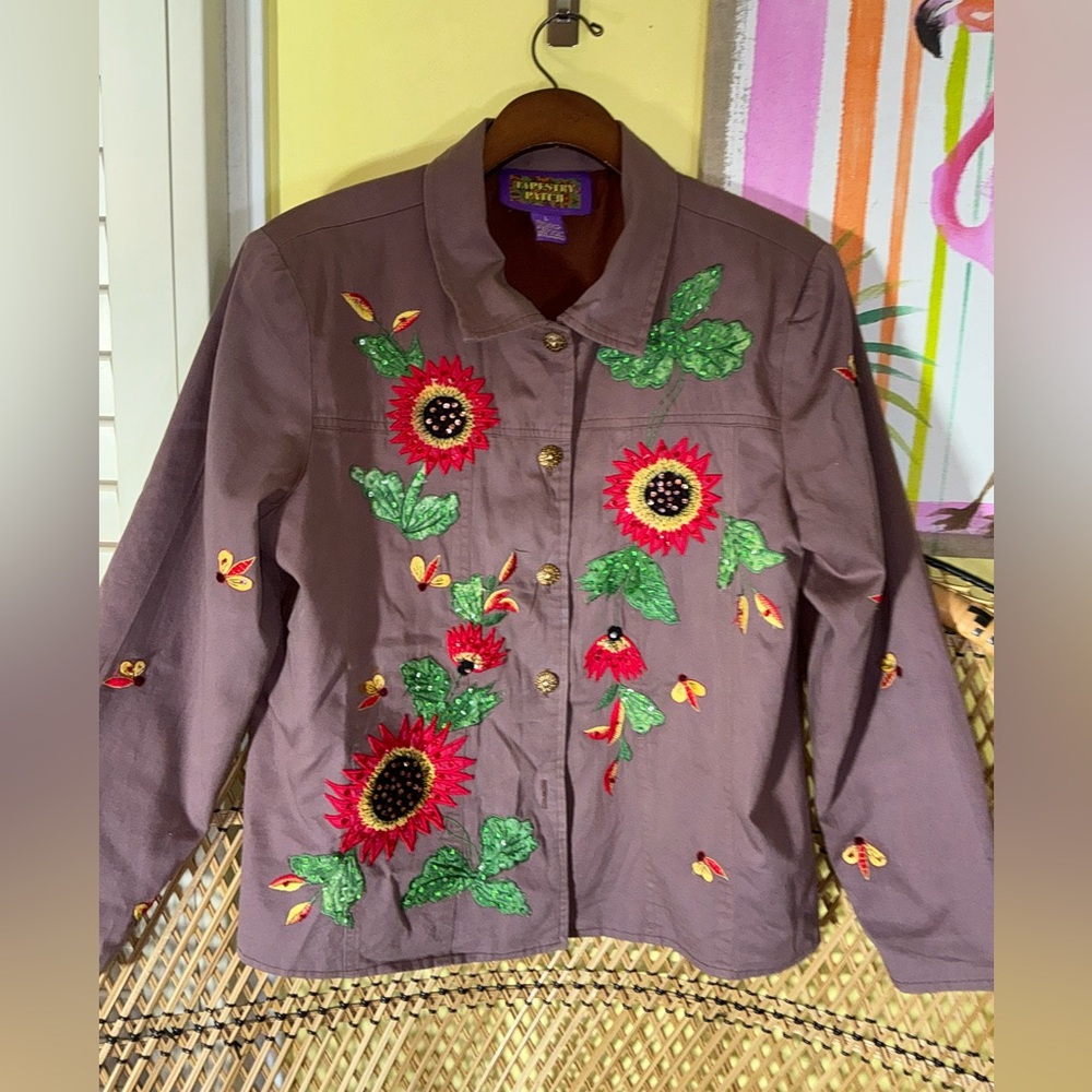 Tapestry Patch Sequin Embroidered Sunflower Jacket Bees Art to Wear Size L